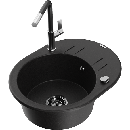 Mexen Kevin chiuvetă de granit cu 1 compartiment cu scurgător și baterie de bucătărie Flora, negru - 6517-77-670401-07-B