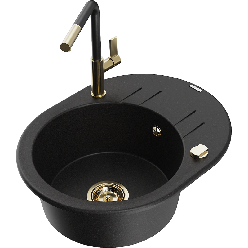 Mexen Kevin chiuvetă granitică cu 1 compartiment, cu scurgător și baterie de bucătărie Flora, negru - 6517-77-670401-57-G