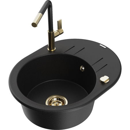 Mexen Kevin chiuvetă granitică cu 1 compartiment, cu scurgător și baterie de bucătărie Flora, negru - 6517-77-670401-57-G