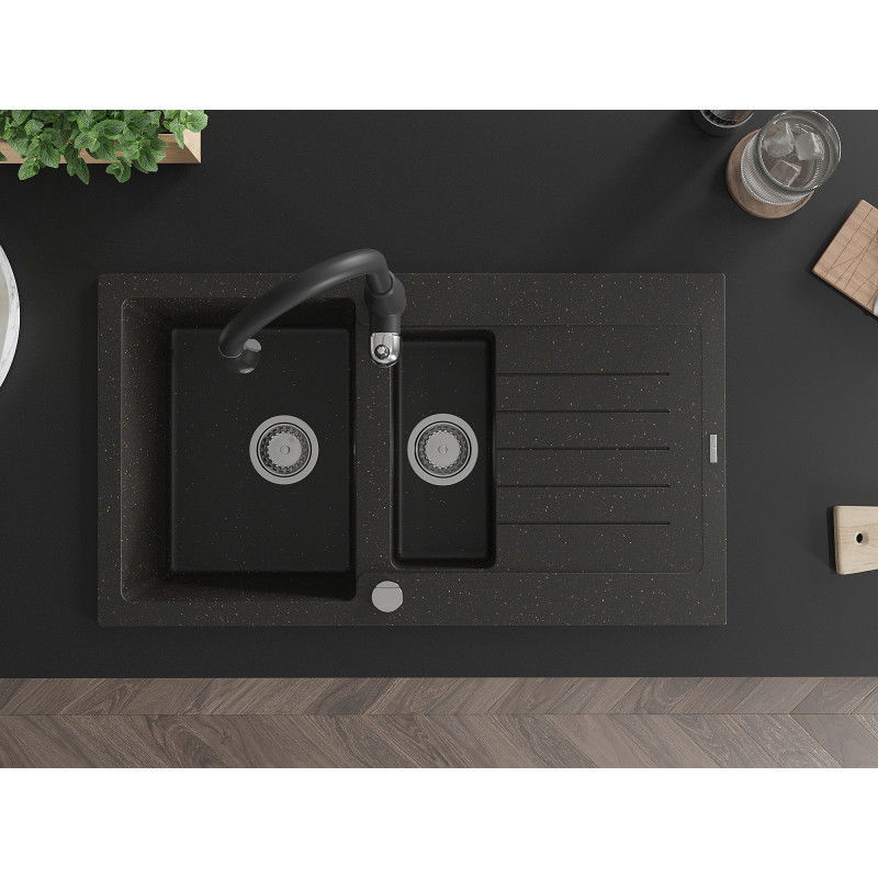 Mexen Matias gránit mosogató 1,5 medencés csepptálcával és Savita konyhai csapteleppel, fekete/arany - 6502-75-672601-70