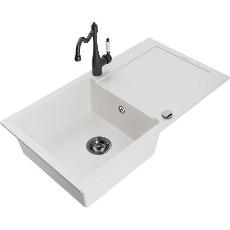 Mexen Leo chiuvetă de granit cu o cuvă cu scurgător și baterie bucătărie Carla, alb - 6501-20-670700-70