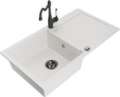 Mexen Leo egytálcás gránit mosogató csepegtetővel és Carla konyhai csapteleppel, fehér - 6501-20-670700-70