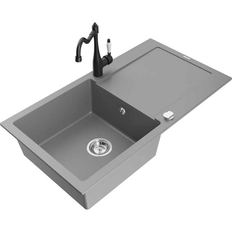 Mexen Leo chiuvetă de granit cu 1 compartiment, cu scurgător și baterie de bucătărie Carla, gri - 6501-71-670700-70