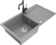 Mexen Leo egymedencés gránit mosogató elvezetővel és Carla konyhai csappal, szürke - 6501-71-670700-70
