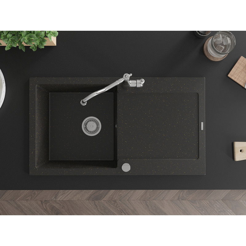 Mexen Leo egymedencés gránit mosogató csepegtetővel és Carla konyhai csapteleppel, fekete/arany metál - 6501-75-670700-00