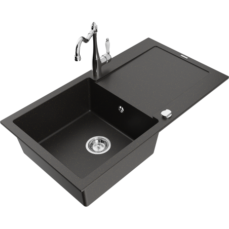 Mexen Leo chiuvetă de granit cu 1 compartiment cu scurgător și baterie de bucătărie Carla, negru/auriu metalizat
