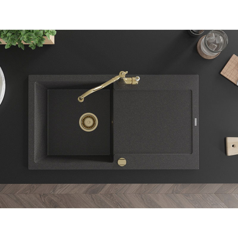 Mexen Leo 1-medencés gránit mosogató csepptálcával és Carla konyhai csapteleppel, fekete pöttyös - 6501-76-670700-50