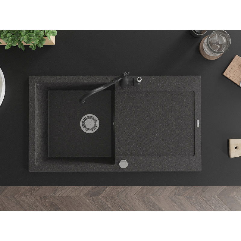 Mexen Leo egymedencés gránit mosogató lefolyóval és Carla konyhai csapteleppel, fekete spriccelt - 6501-76-670700-70