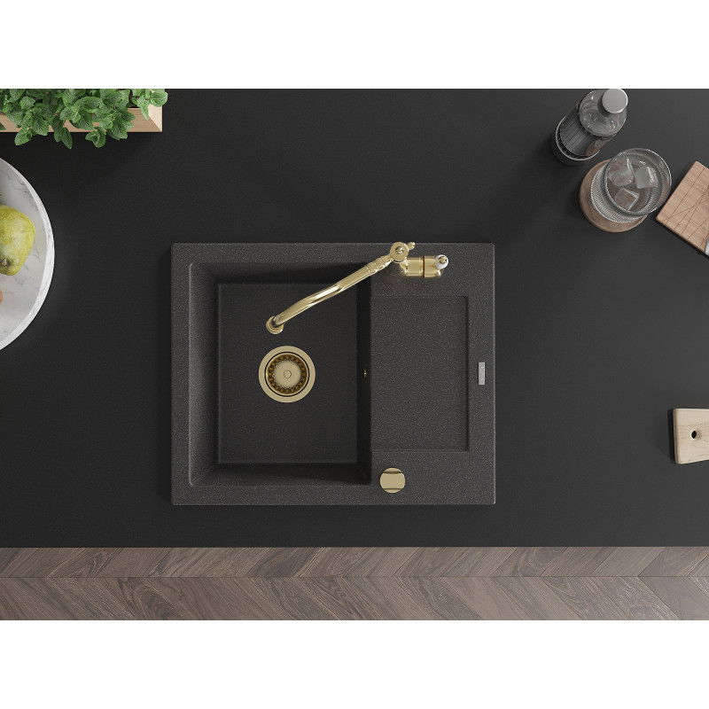 Mexen Enzo chiuvetă de granit cu 1 compartiment și scurgător și baterie de bucătărie Carla, negru cu pete - 6506-76-670700-50