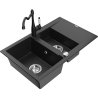 Mexen Gaspar chiuvetă de granit cu 1,5 compartimente cu picurător și baterie de bucătărie Carla negru/metalic argintiu
