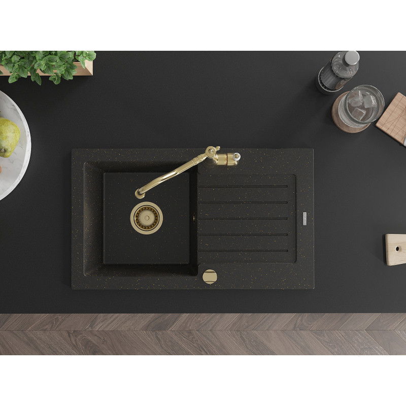 Mexen Pablo gránit mosogató 1-medencés csöpögtetővel és Carla konyhai csappal, fekete/arany metál - 6510-75-670700-50