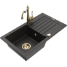 Mexen Pablo chiuvetă de granit cu 1 cuvă, cu scurgător și baterie de bucătărie Carla, negru/auriu metalic