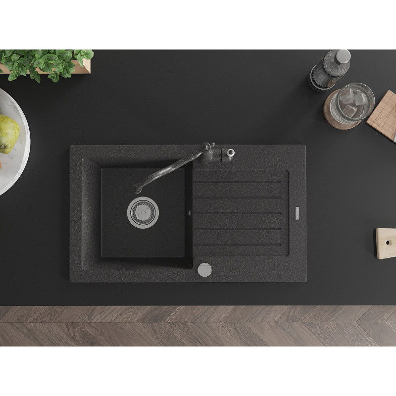 Mexen Pablo chiuvetă din granit cu 1 compartiment cu scurgător și baterie de bucătărie Carla, negru cu pete
