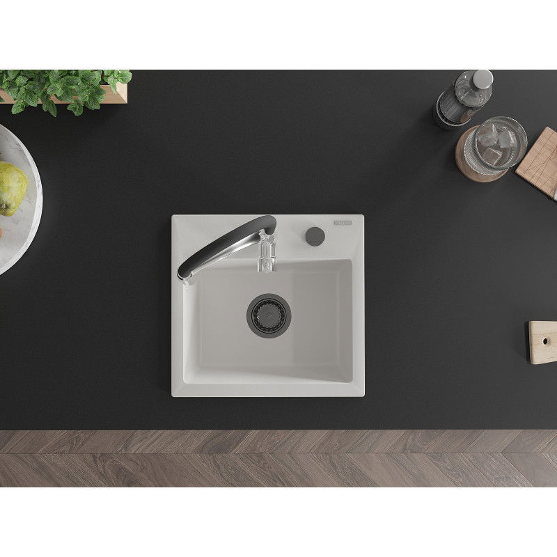 Mexen Milo chiuvetă de granit cu 1 compartiment și baterie de bucătărie Aster, alb - 6505-20-73450-07-B