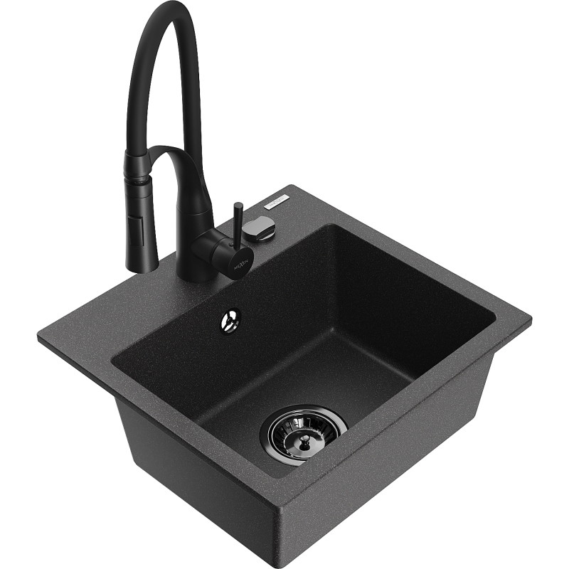 Mexen Milo chiuvetă de granit cu 1 cuvă și baterie de bucătărie Aster, negru stropit - 6505-76-73450-70-B