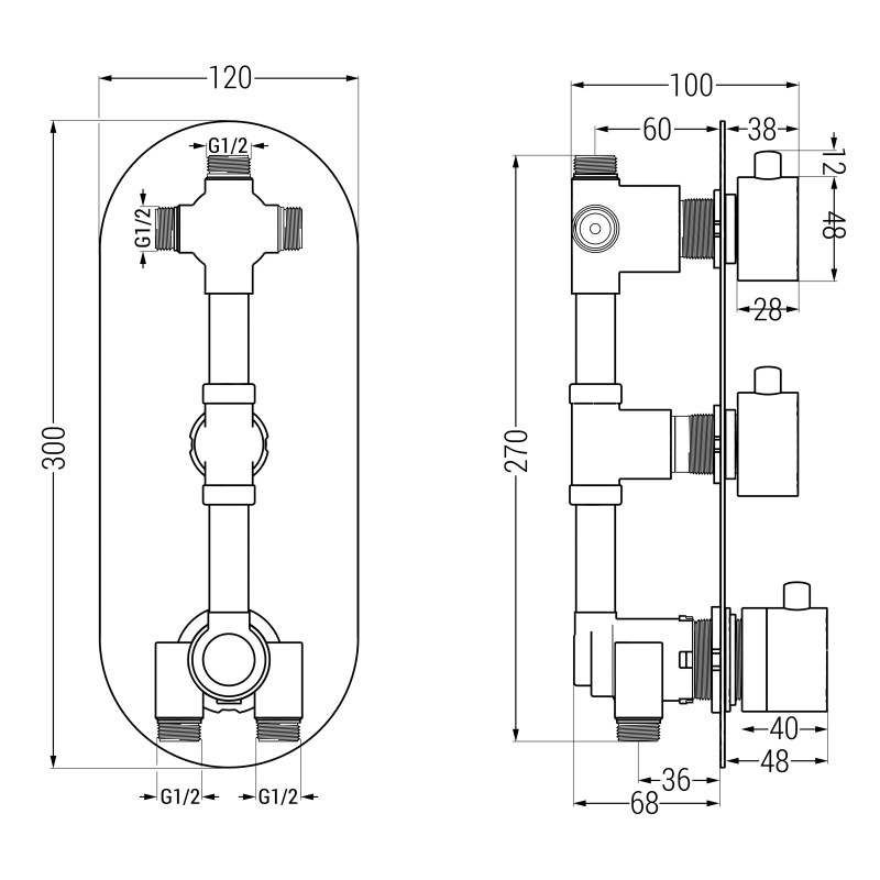 Mexen Kai baterie de cadă și duș termostatică cu 3 ieșiri, gri armă periat - 77603-66