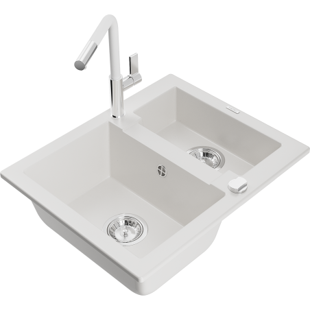 Mexen Carlos 1,5-medencés gránit mosogató Flora konyhai csapteleppel, fehér - 6518-20-670401-02