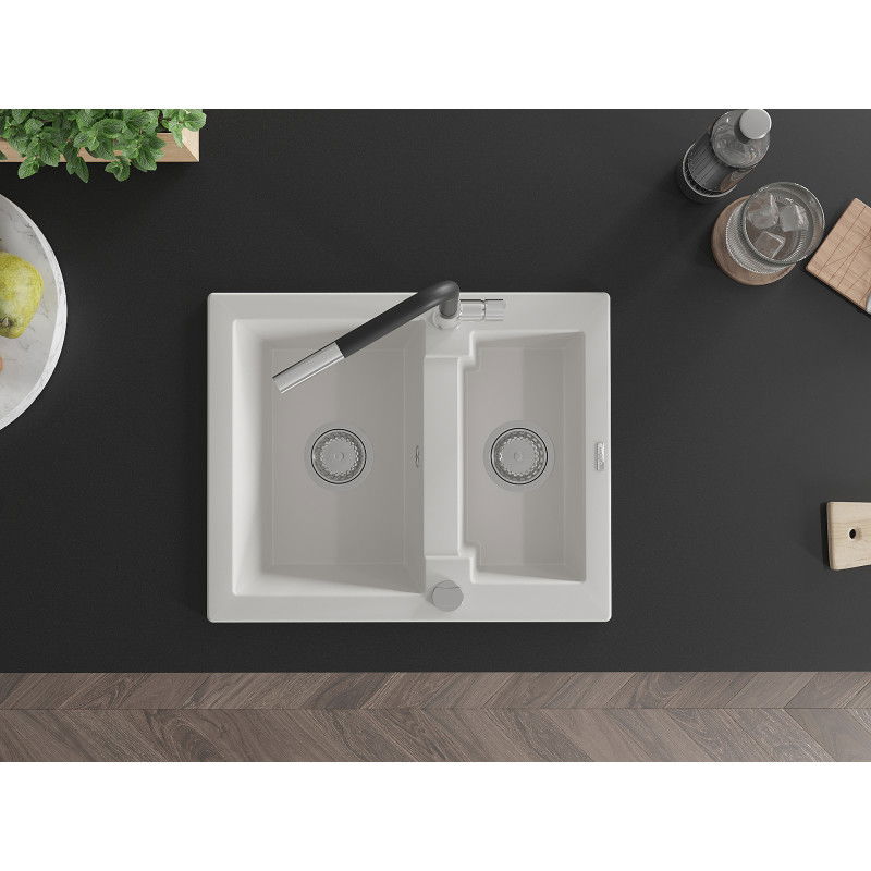 Mexen Carlos chiuvetă de bucătărie din granit cu 1,5 compartimente și baterie Flora, alb - 6518-20-670401-07