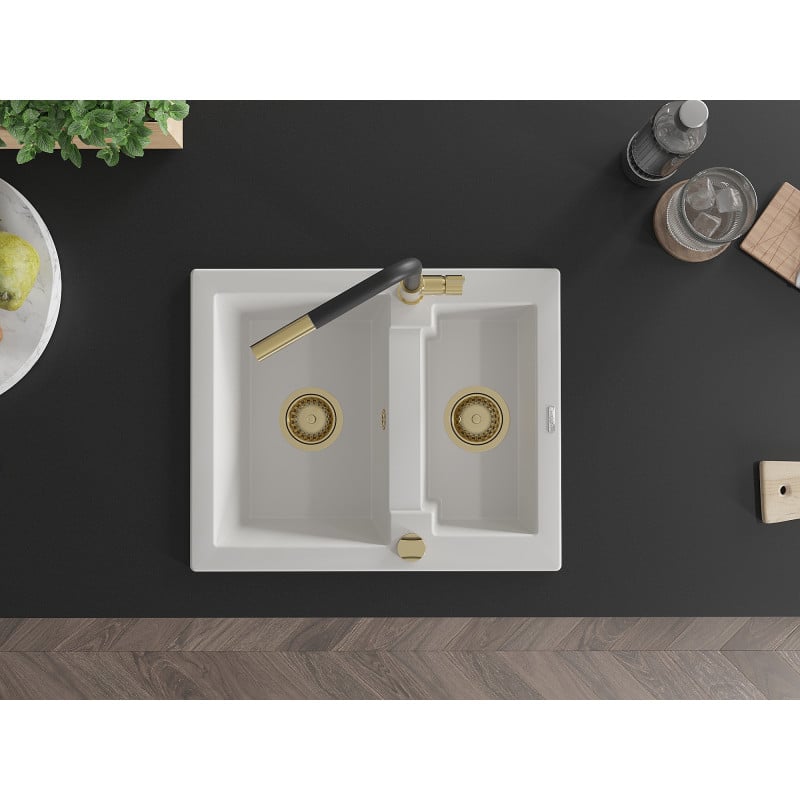 Mexen Carlos gránit mosogatótálca 1,5-medencés Flora konyhai csapteleppel, fehér - 6518-20-670401-57-G