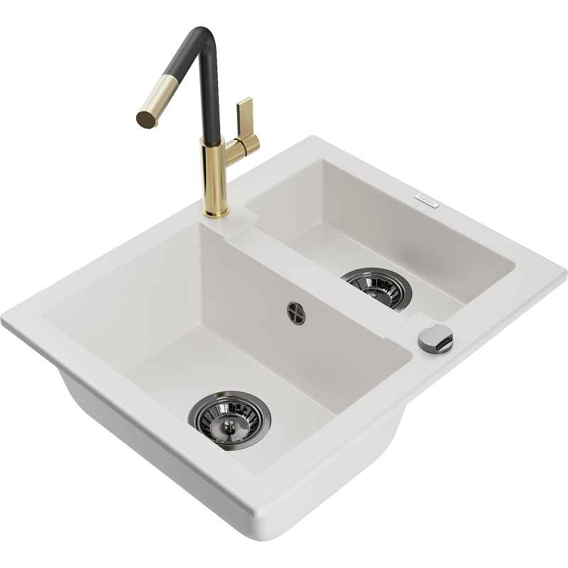 Mexen Carlos 1,5-medencés gránit mosogató Flora konyhai csapteleppel, fehér - 6518-20-670401-57-B