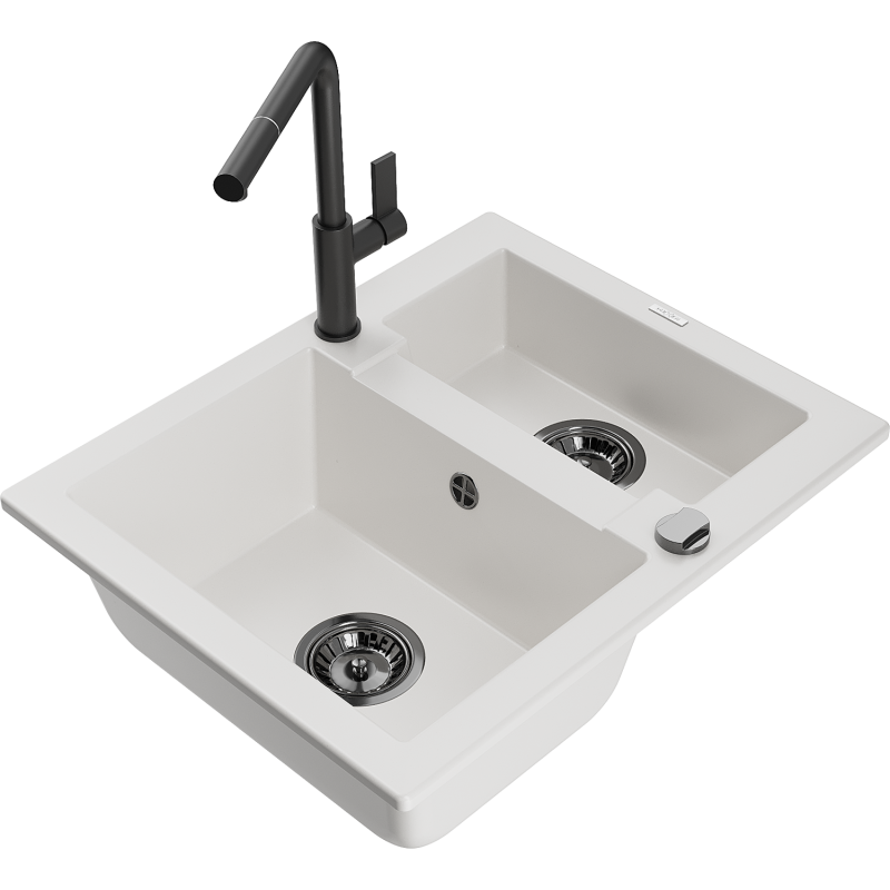 Mexen Carlos 1,5-medencés gránit mosogató Flora konyhai csapteleppel, fehér - 6518-20-670401-70-B