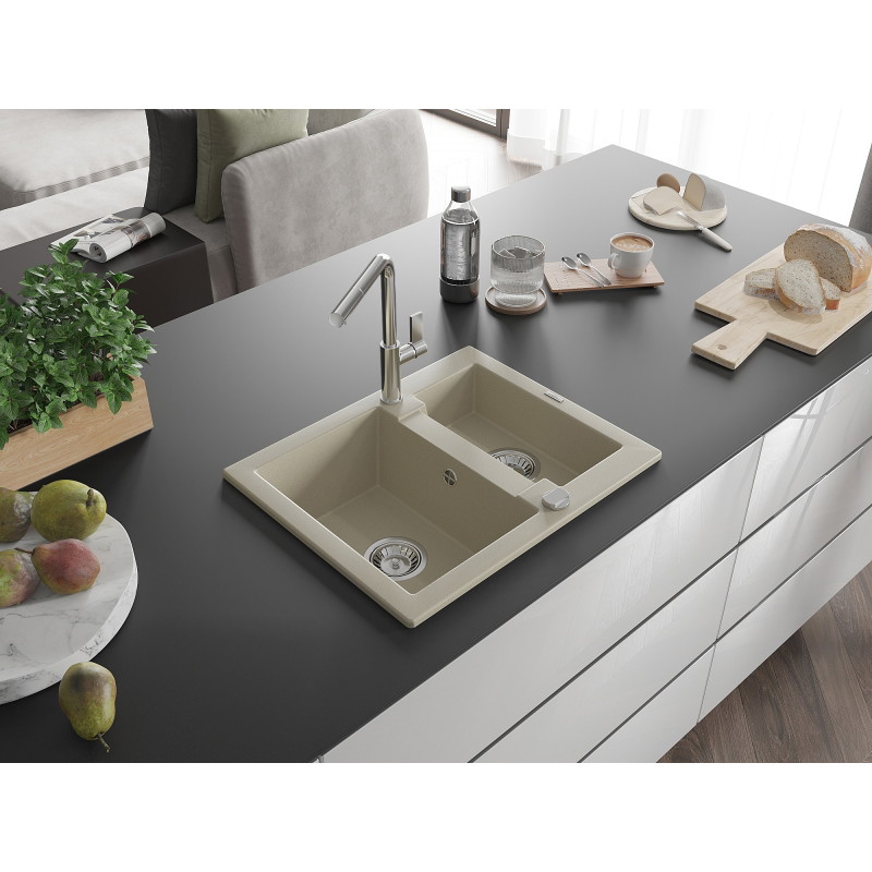 Mexen Carlos chiuvetă de bucătărie din granit 1,5 compartimente cu baterie Flora, bej - 6518-69-670401-00