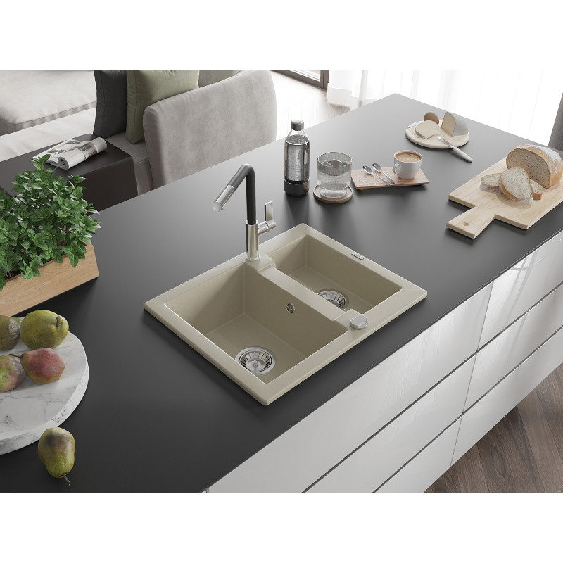 Mexen Carlos chiuvetă de granit cu 1,5 cuve cu baterie de bucătărie Flora, bej - 6518-69-670401-07