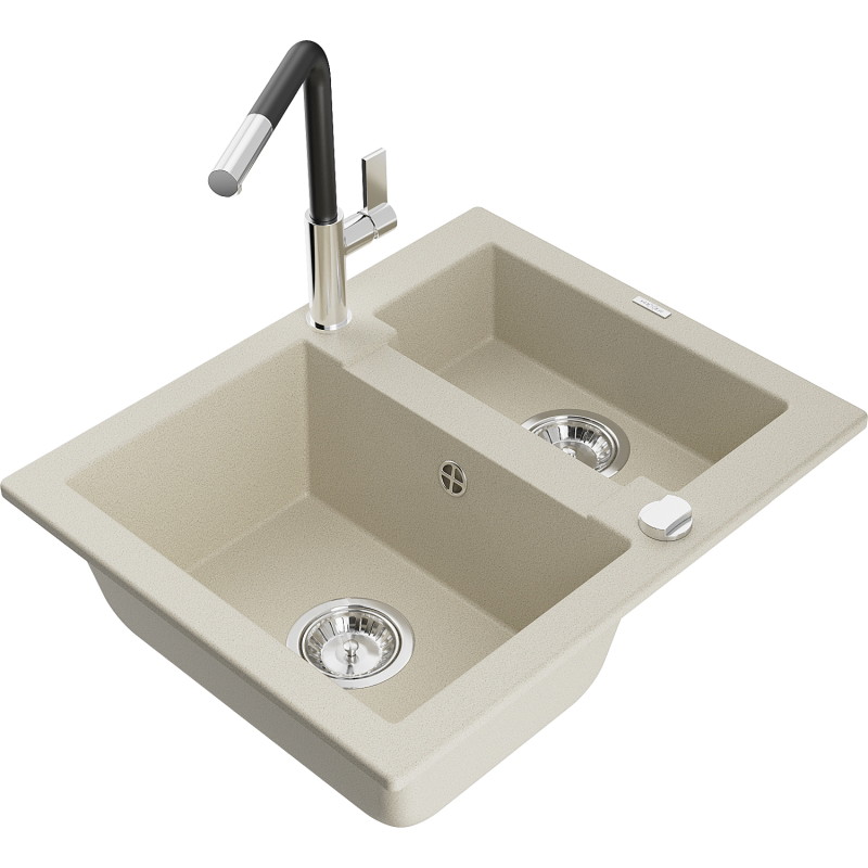 Mexen Carlos 1,5 rekeszes gránit mosogató Flora konyhai csapteleppel, beige - 6518-69-670401-07