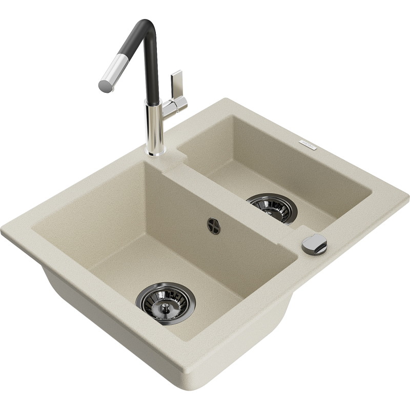 Mexen Carlos chiuvetă de granit cu 1,5 boluri cu baterie de bucătărie Flora, bej - 6518-69-670401-07-B