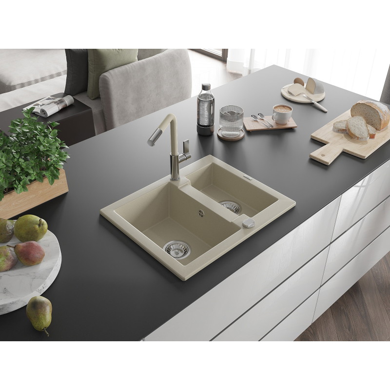 Mexen Carlos chiuvetă de granit cu 1,5 compartimente și baterie de bucătărie Flora, bej - 6518-69-670401-09