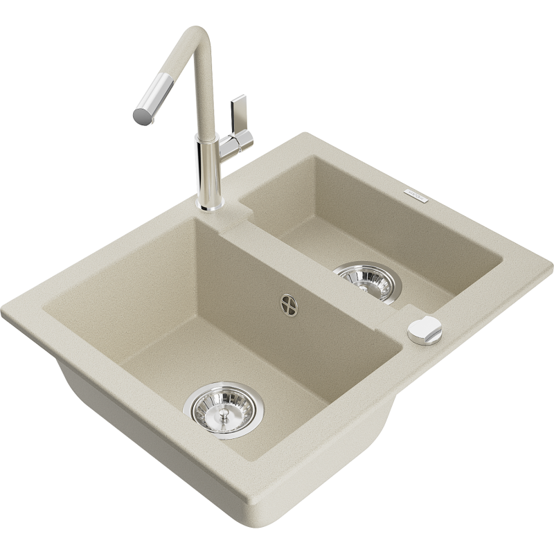 Mexen Carlos gránit mosogató 1,5 rekeszes konyhai csapteleppel, Flora, bézs - 6518-69-670401-09