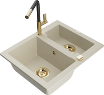 Mexen Carlos chiuvetă de bucătărie din granit cu 1,5 compartimente și baterie Flora, bej - 6518-69-670401-57-G