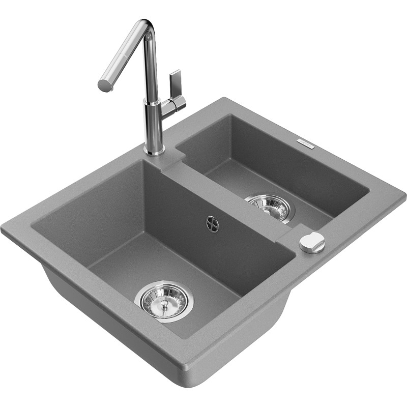 Mexen Carlos chiuvetă de granit cu 1,5 cuve și baterie de bucătărie Flora, gri - 6518-71-670401-00