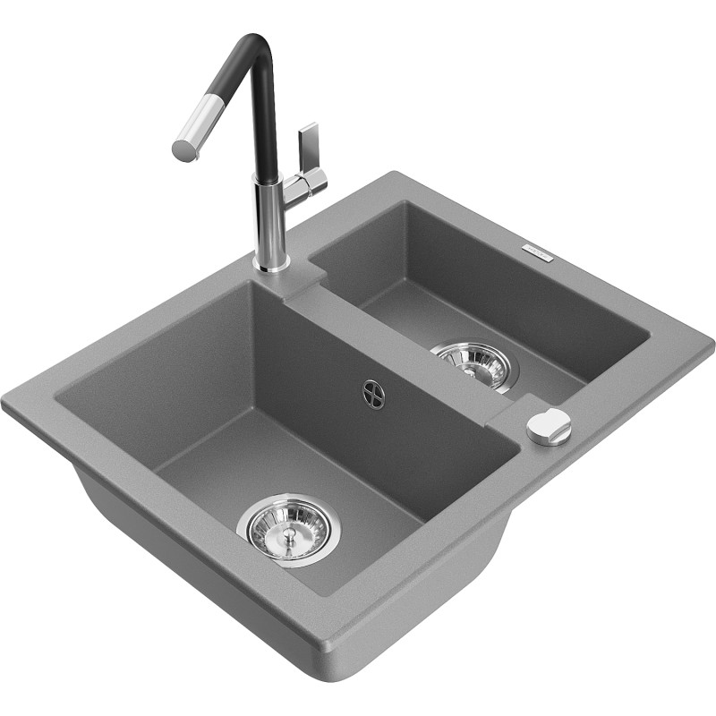 Mexen Carlos chiuvetă de granit 1,5-comparte cu baterie de bucătărie Flora, gri - 6518-71-670401-07