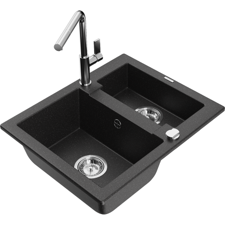 Mexen Carlos chiuvetă de granit cu 1,5 compartimente cu baterie de bucătărie Flora, negru/argintiu metalizat
