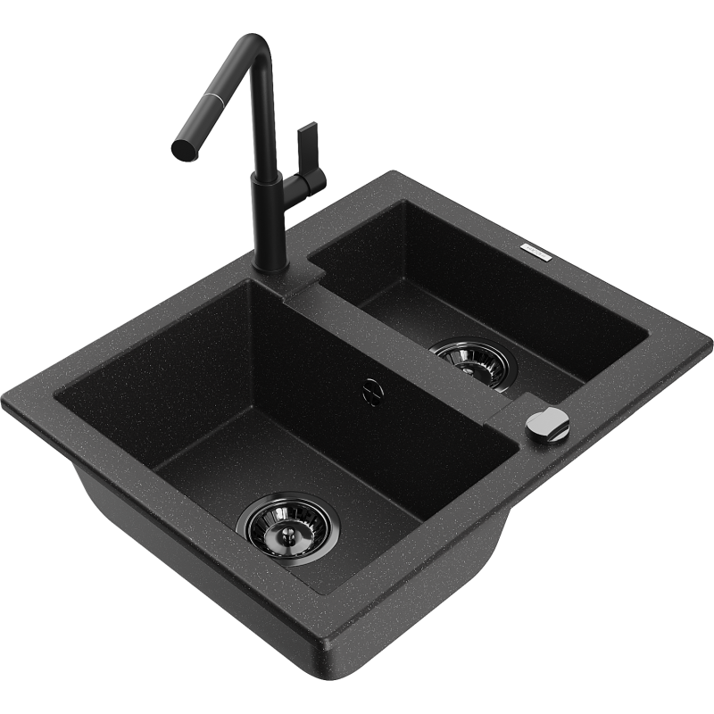 Mexen Carlos chiuvetă de granit cu 1,5 cuve și baterie de bucătărie Flora, negru/argintiu metalic - 6518-73-670401-70-B