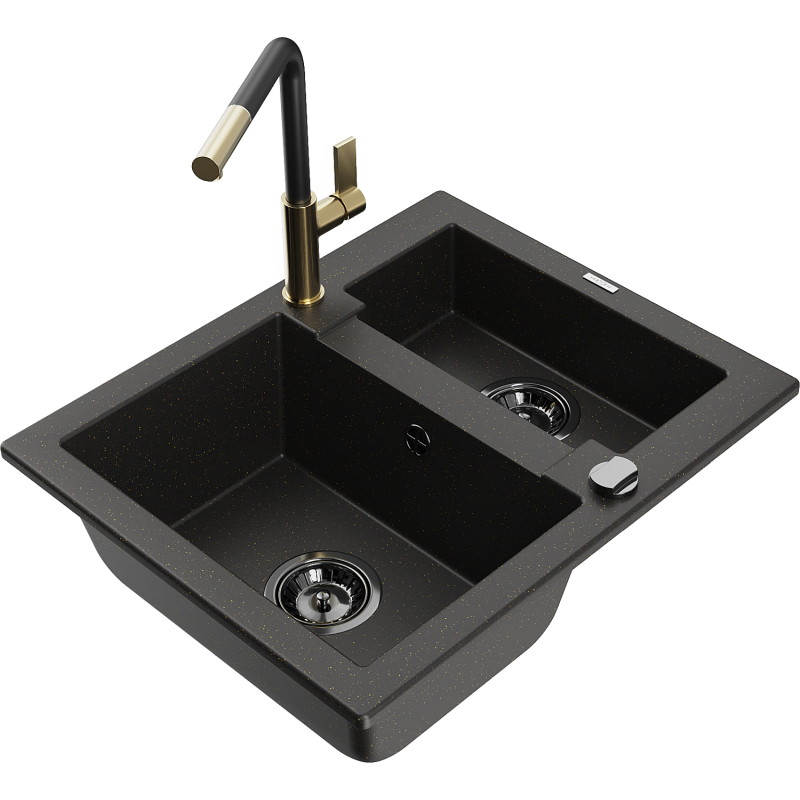 Mexen Carlos 1,5 rekeszes gránit mosogató Flora konyhai csapteleppel, fekete/arany metál - 6518-75-670401-57-B