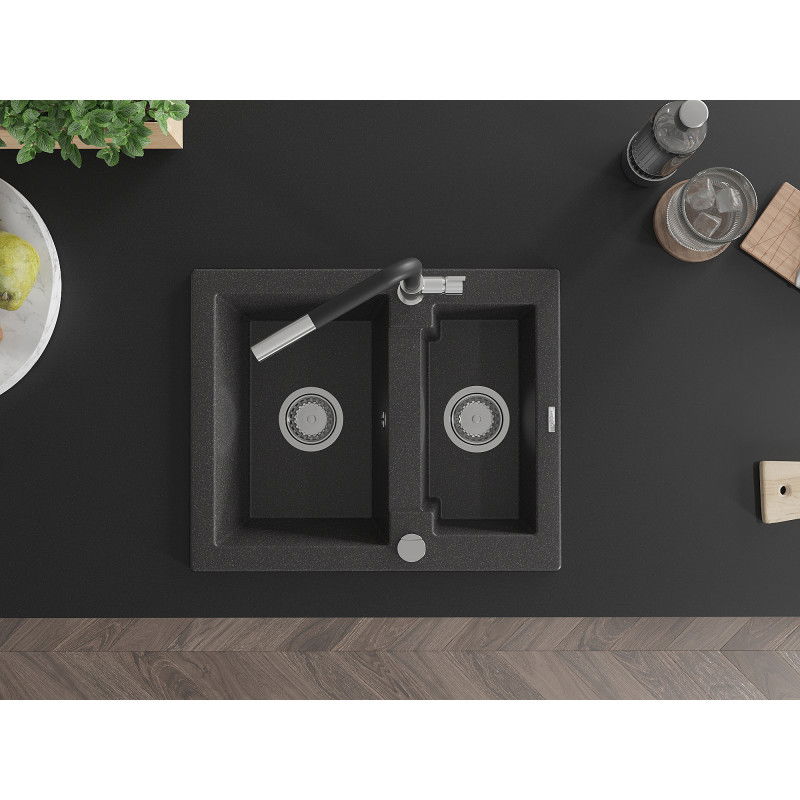 Mexen Carlos chiuvetă de bucătărie granit 1,5-camere cu baterie Flora, negru pătat - 6518-76-670401-07