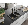 Mexen Carlos chiuvetă de bucătărie din granit cu 1,5 cuve și robinet Flora, negru pătat - 6518-76-670401-57-G