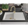 Mexen Leo chiuvetă de granit cu un compartiment, cu picurător și baterie de bucătărie Elia, Albă - 6501-20-670101-50