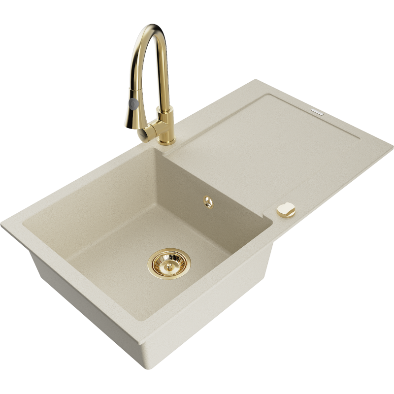 Mexen Leo chiuvetă din granit cu 1 compartiment cu scurgător și baterie de bucătărie Elia, bej - 6501-69-670101-50