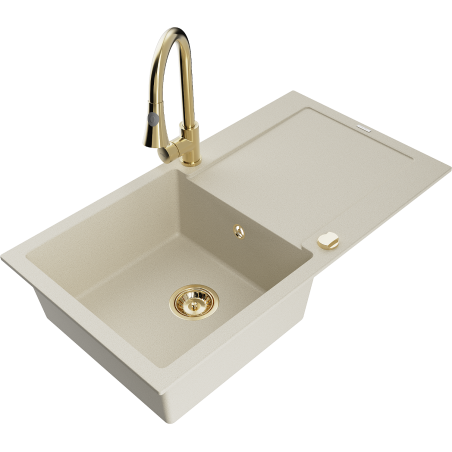 Mexen Leo chiuvetă din granit cu 1 compartiment cu scurgător și baterie de bucătărie Elia, bej - 6501-69-670101-50