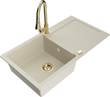 Mexen Leo chiuvetă din granit cu 1 compartiment cu scurgător și baterie de bucătărie Elia, bej - 6501-69-670101-50