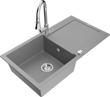 Mexen Leo egymedencés gránit mosogató csepegtetővel és Elia konyhai csapteleppel, szürke - 6501-71-670101-00
