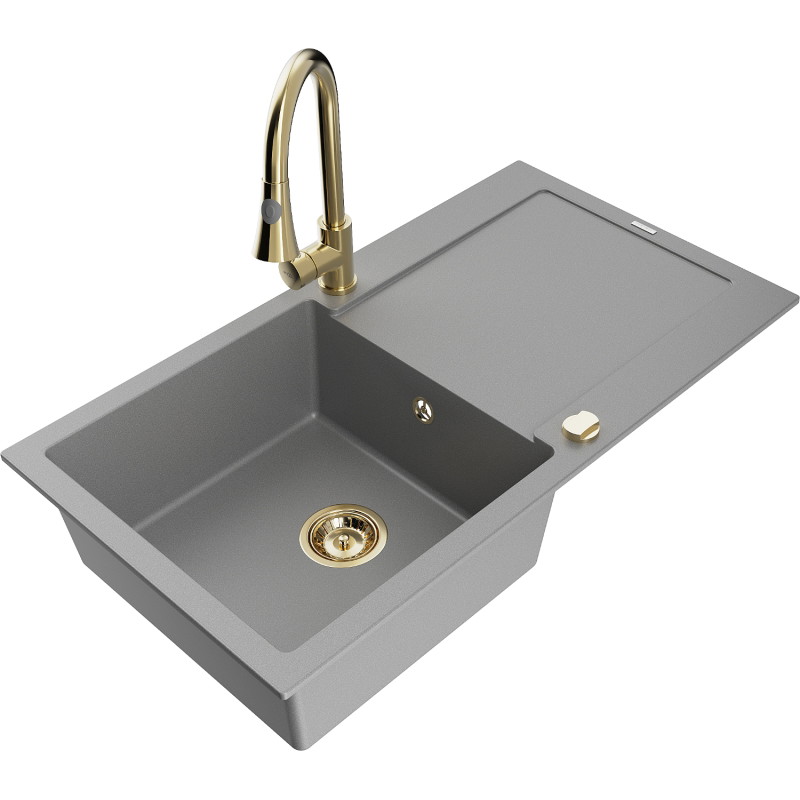 Mexen Leo chiuvetă de granit cu 1 compartiment cu scurgător și baterie de bucătărie Elia, gri - 6501-71-670101-50