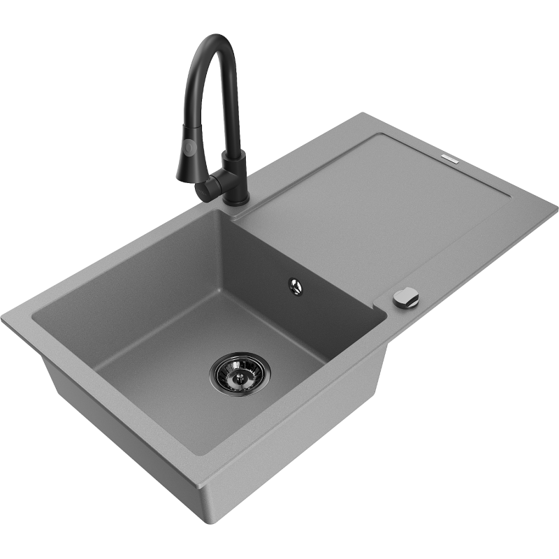 Mexen Leo chiuvetă de granit cu 1 compartiment și picurător, cu baterie de bucătărie Elia, gri - 6501-71-670101-70-B