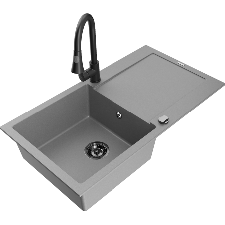 Mexen Leo chiuvetă de granit cu 1 compartiment și picurător, cu baterie de bucătărie Elia, gri - 6501-71-670101-70-B