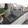 Mexen Leo chiuvetă de granit cu un compartiment, cu picurător și baterie de bucătărie Elia, gri - 6501-71-670101-70