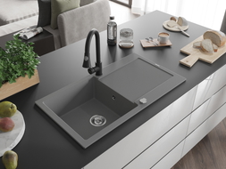Mexen Leo chiuvetă de granit cu 1 compartiment cu scurgător și baterie de bucătărie Elia, gri - 6501-71-670101-70