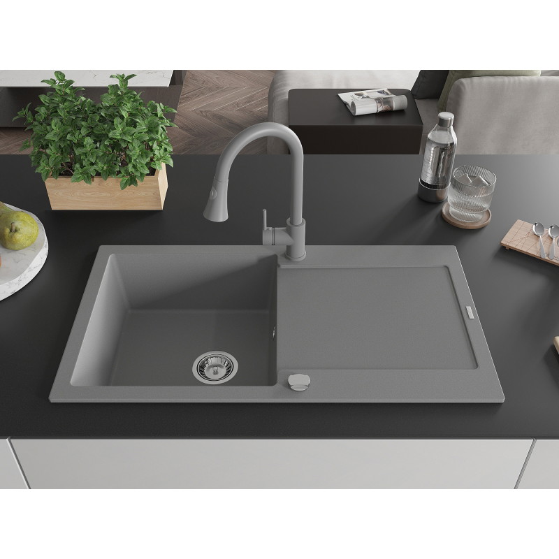 Mexen Leo chiuvetă de granit cu 1 compartiment, cu scurgător și baterie de bucătărie Elia, gri - 6501-71-670101-71